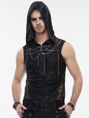 Black Gothic Punk Chain Skull Net Hooded Sleeveless T-shirt for Men