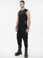 Black Gothic Punk Chain Skull Net Hooded Sleeveless T-shirt for Men