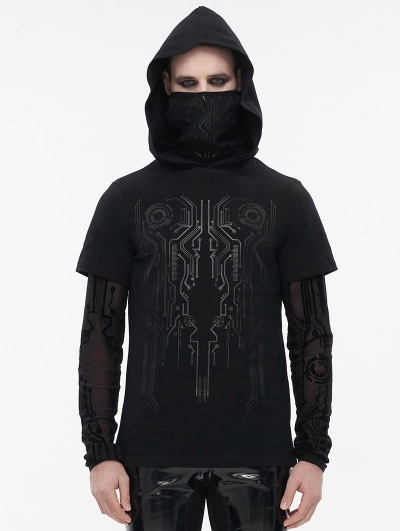 Black Gothic Punk Pattern Fake Two Piece Hooded Mask T-Shirt for Men