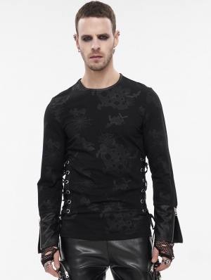 Black Gothic Punk Spider Web Patterned Long Sleeve T-Shirt for Men