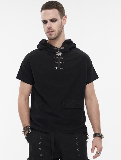 Black Gothic Punk Hooded Pentagram Short Sleeve T-Shirt for Men