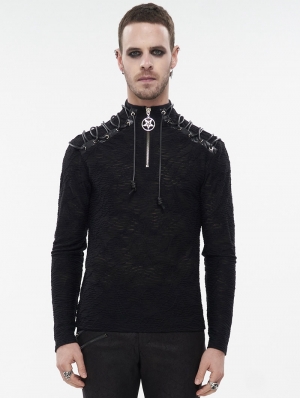 Black Gothic Punk Zip T-Neck Long Sleeve T-Shirt for Men