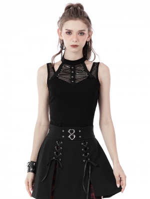 Black Gothic Punk Hollow-out Net Sleeveless T-Shirt for Women