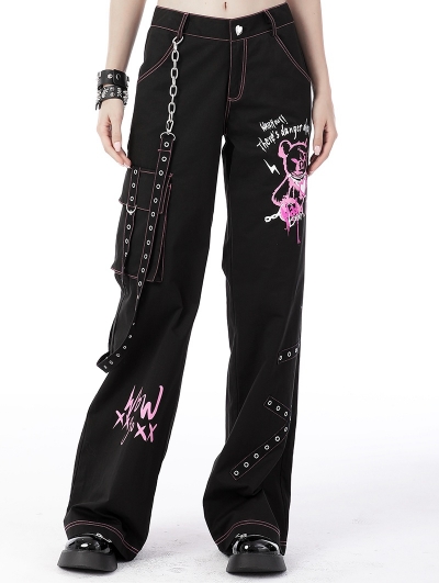 Black Gothic Punk Rebel Fashion Danger Bear Metal Studded Baggy Trousers for Women