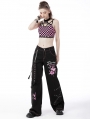 Black Gothic Punk Rebel Fashion Danger Bear Metal Studded Baggy Trousers for Women