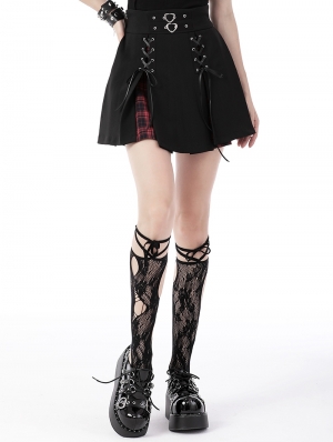 Black Gothic High Waist Pleated Split Red Plaid Mini Skirt