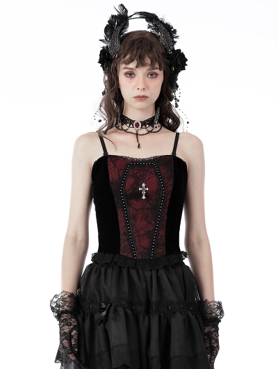 Dark Red Gothic Dead Cross Lace Trim Strap Corset Top for Women