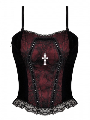 Dark Red Gothic Dead Cross Lace Trim Strap Corset Top for Women