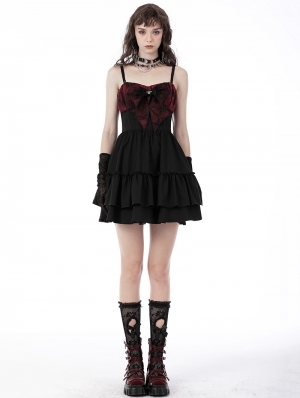 Black and Red Spider Bow Gothic Frilly Strap Short Party Dress