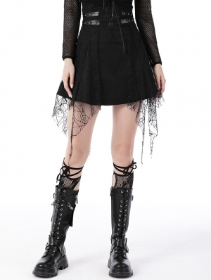 Black Gothic Cross Spider Net A-Line Irregular Mini Skirt