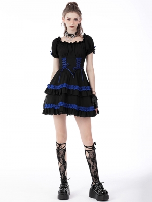 Black and Blue Cute Gothic Frilly Short Puff Sleeve Doll Dress