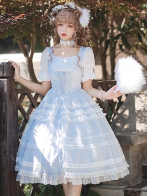 Shell Bell Blue and White Short Sleeve Embroidery Sweet Lolita OP Dress