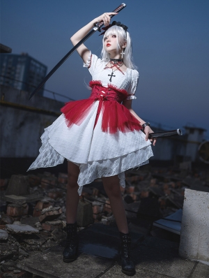 White Halter Irregular Short Sleeves Gothic Lolita OP Dress with Red Girdle