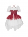 White Halter Irregular Short Sleeves Gothic Lolita OP Dress with Red Girdle