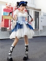 White Halter Short Puff Sleeves Sweet Lolita OP Dress with Blue Girdle