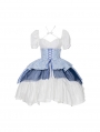 White Halter Short Puff Sleeves Sweet Lolita OP Dress with Blue Girdle