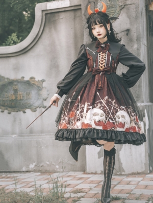 Black and Red Skeleton Rose Pattern Long Sleeve Halloween Gothic Lolita OP Dress