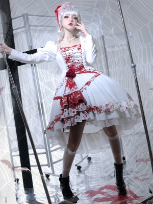 White/Black Blood Stained Dark Elegant Long Sleeve Gothic Lolita OP Dress