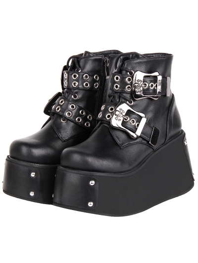 Black Gothic Punk Rivet Skull Platform Fashion Ankle Boots