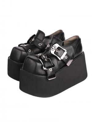 Black Gothic Punk Double Skull Buckle High Heel Platform Shoes