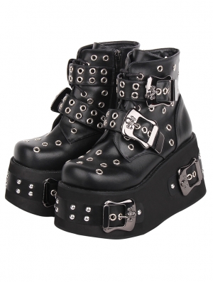 Black Gothic Punk Buckle Belt Rivet High Platform Ankle Boots