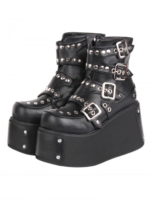 Black Gothic Punk Rivet Platform Multi-Buckle Fashion Ankle Boots