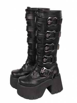 Black Gothic Punk Buckle Strap Platform Knee High Boots