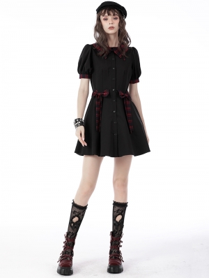 Black Gothic Lolita Red Plaid Button Up Short Dress