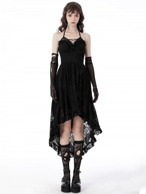 Black Gothic Sexy Dovetail Lace High-Low Slip Dress