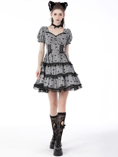 Gray and Black Gothic Dead Butterfly Short Puff Sleeve Daily Wear Dress
