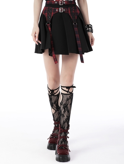 Black and Red Plaid Gothic Grunge Belt Pleated Short Skirt Devilnight