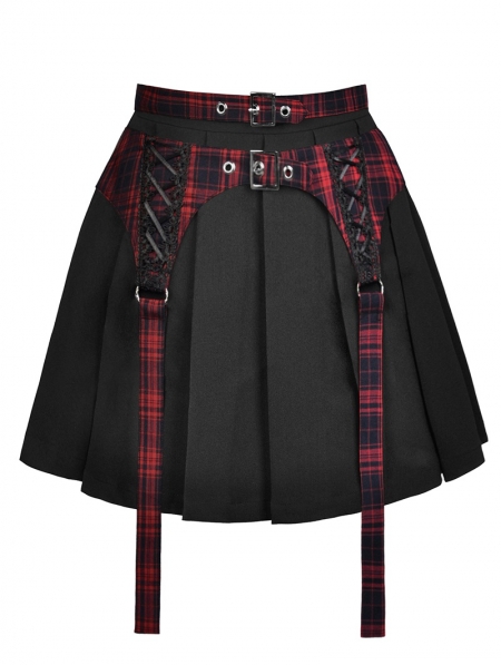 Black and Red Plaid Gothic Grunge Belt Pleated Short Skirt - Devilnight ...