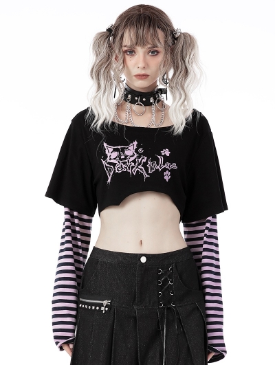 Black and Violet Cheshire Cat Pattern Stripe Sleeves Crop Top for Women