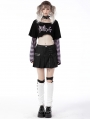 Black and Violet Cheshire Cat Pattern Stripe Sleeves Crop Top for Women