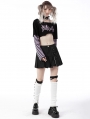 Black and Violet Cheshire Cat Pattern Stripe Sleeves Crop Top for Women