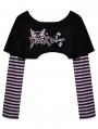 Black and Violet Cheshire Cat Pattern Stripe Sleeves Crop Top for Women