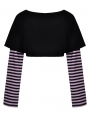 Black and Violet Cheshire Cat Pattern Stripe Sleeves Crop Top for Women