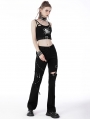 Black Gothic Punk Devil Fish Pattern Sexy Cutout Crop Top for Women