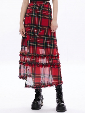 Red and Black Plaid Gothic Chiffon Irregular Long Skirt