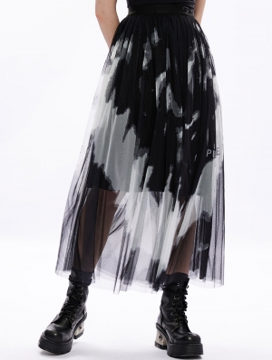 Black and White Gothic Tie Dyed Embroidery Gauze Long Skirt