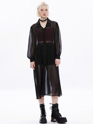 Black Gothic Shirt Style Casual Pleated Transparant Chiffon Long Coat for Women