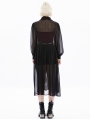 Black Gothic Shirt Style Casual Pleated Transparant Chiffon Long Coat for Women