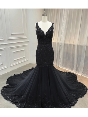 Black Gothic Lace Mermaid Gorgeous Wedding Dress