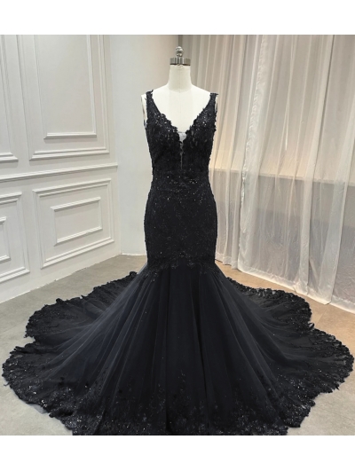 Black Gothic Lace Mermaid Gorgeous Wedding Dress