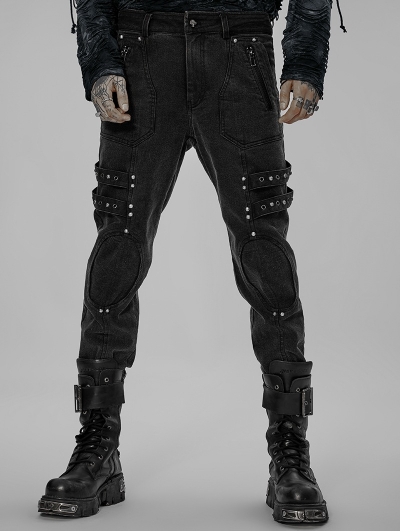Black Gothic Punk Post Apocalyptic Slim Fit Denim Pants for Men