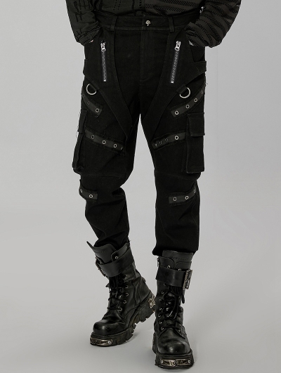 Black Gothic Punk Patchwork Long Denim Fitted Pants for Men