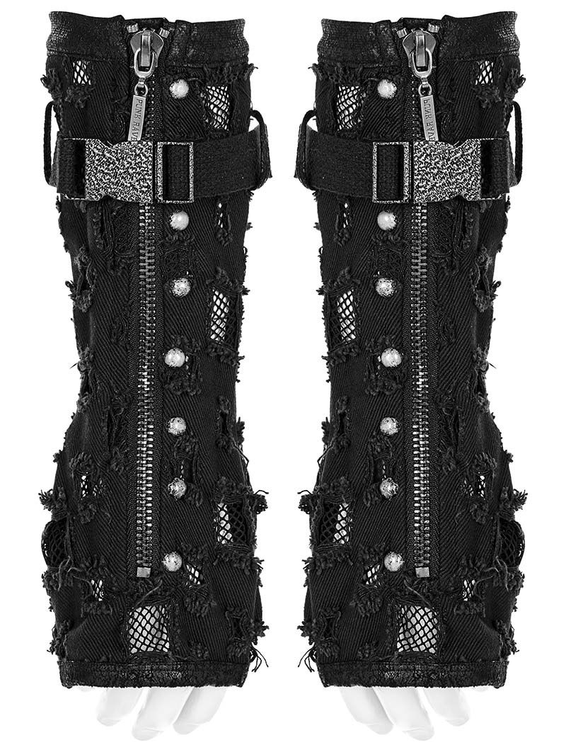 Black Gothic Punk Holes Denim Gloves for Men