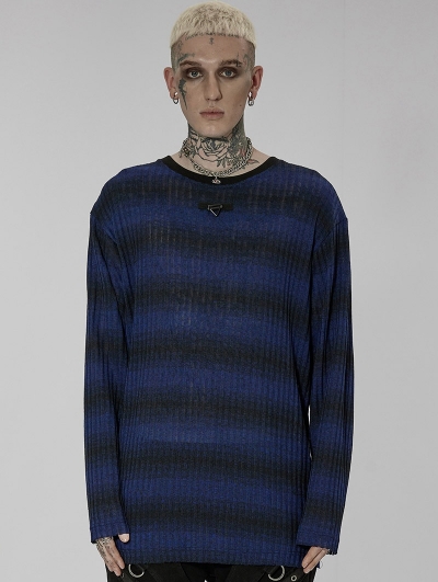 Black and Blue Gothic Punk Daily Wear Loose Stripe Sweater for Men