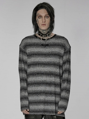 Black and Gray Gothic Punk Daily Wear Loose Stripe Sweater for Men