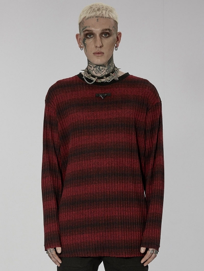 Black and Red Gothic Punk Daily Wear Loose Stripe Sweater for Men